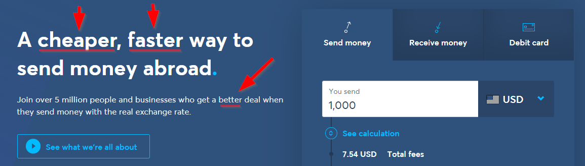 Screenshot of Transferwise using trigger words.