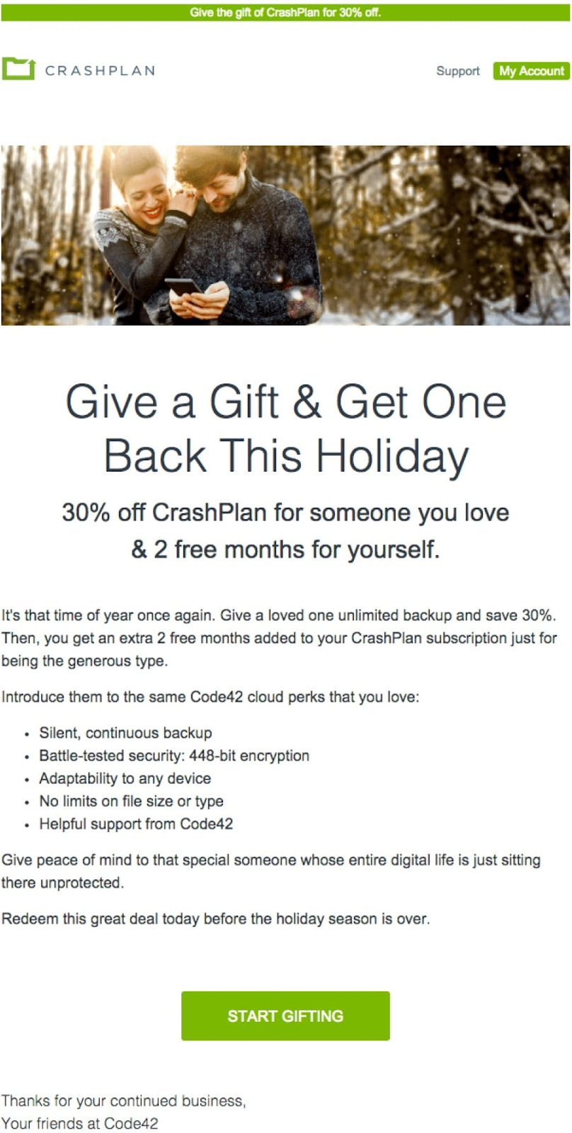 Crashplan’s email copy example for inspiration.