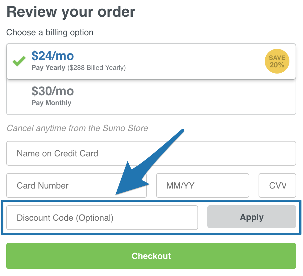 Screenshot of the sumo coupon entry section
