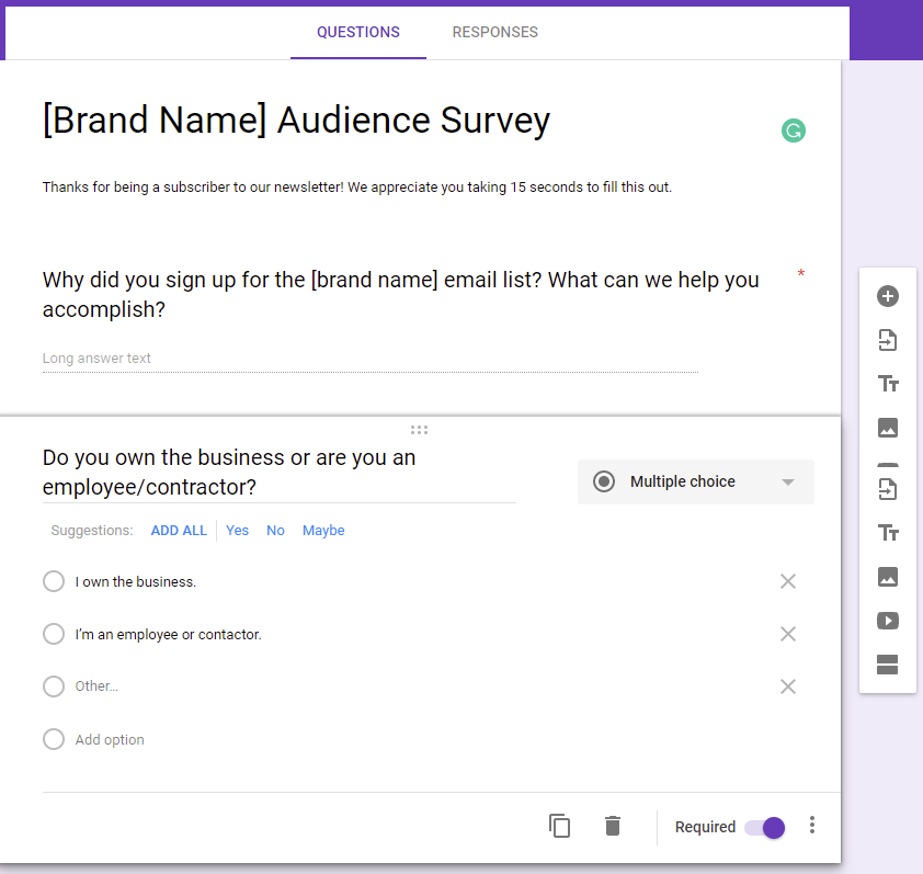 B2B Email Marketing: Screenshot of Google Forms