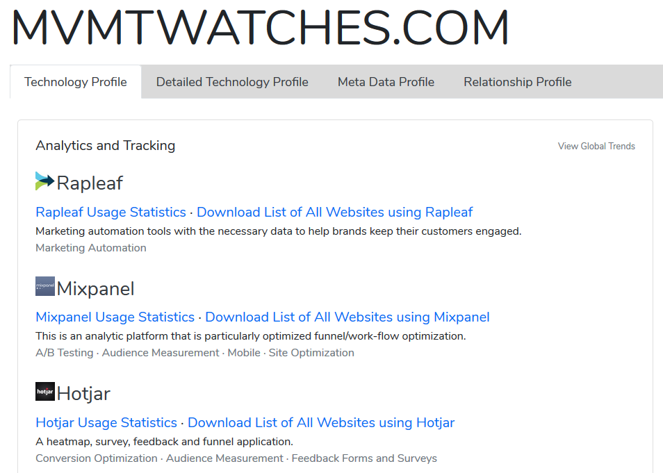 Screenshot showing what apps are used on MVMT watches' website