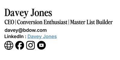 Cluttered email signature example with three job titles, a phone number, and two competing links