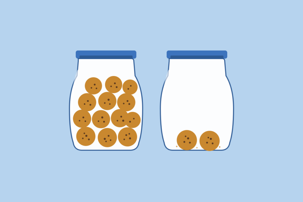 Two glass cookie jars side by side, one full and one with only two cookies left, illustrating scarcity marketing
