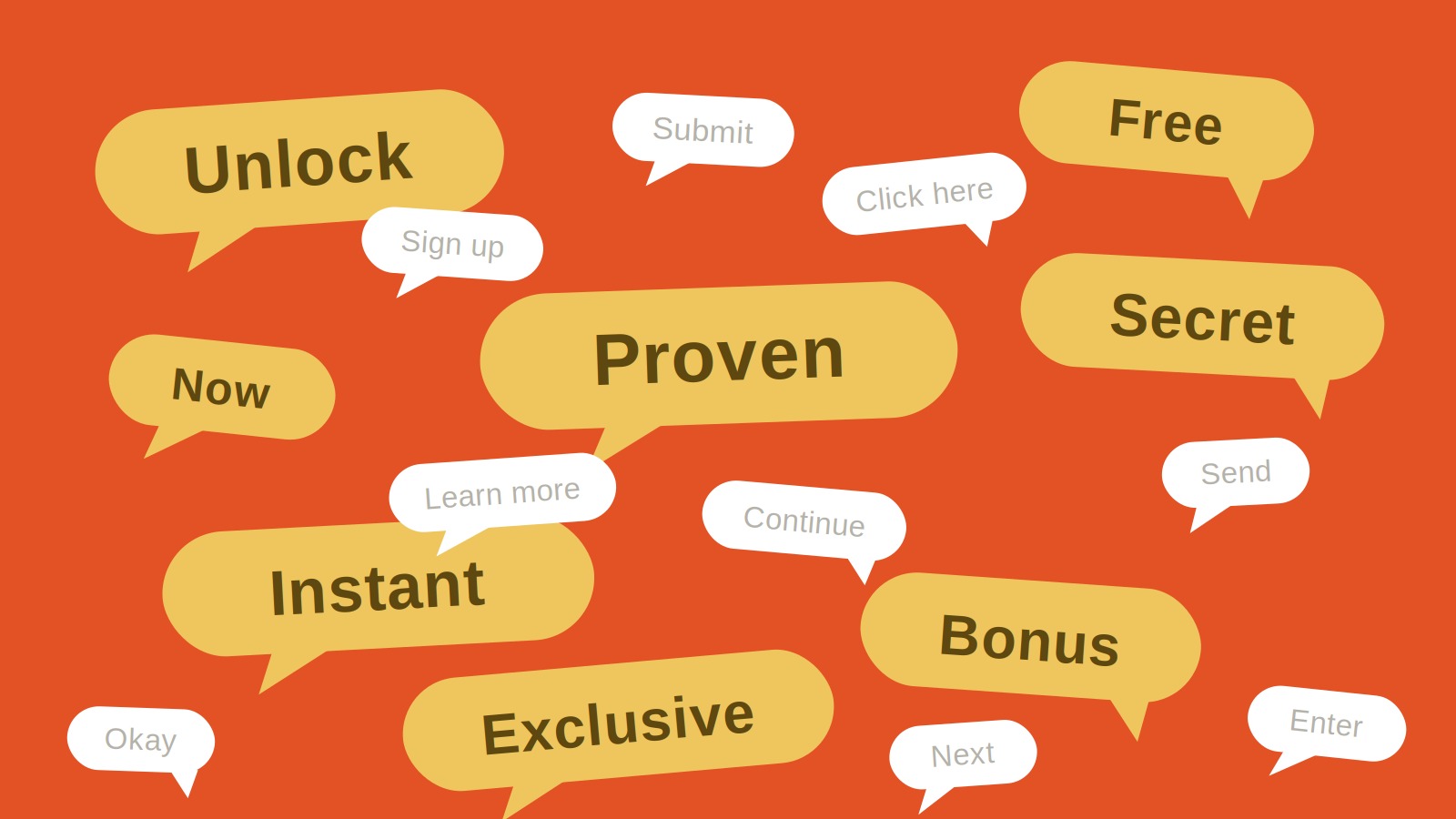 Orange background scattered with yellow speech bubbles containing power words and white speech bubbles containing weak words.